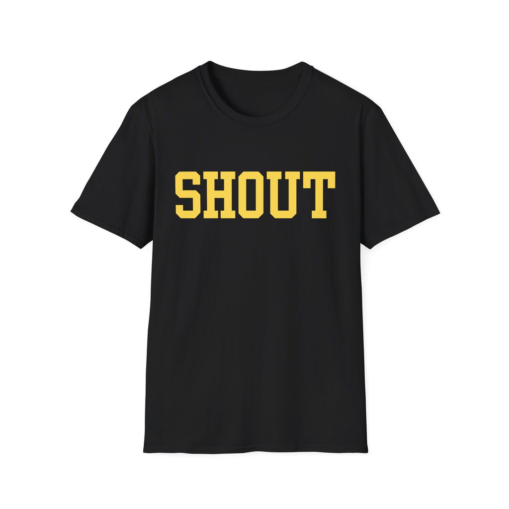 SHOUT Graphic T-Shirt — Bold Yellow Collegiate Logo Tee