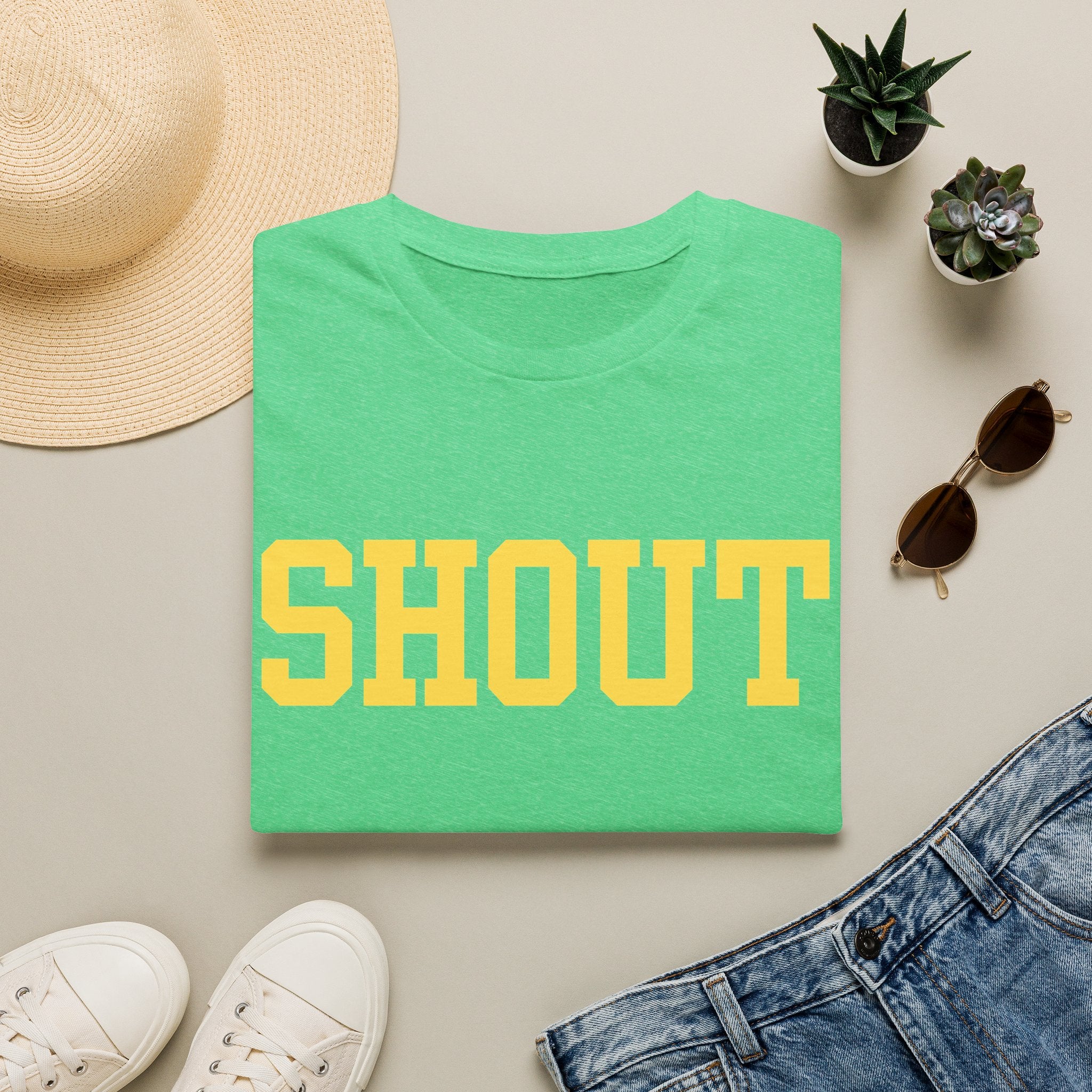 SHOUT Graphic T-Shirt — Bold Yellow Collegiate Logo Tee
