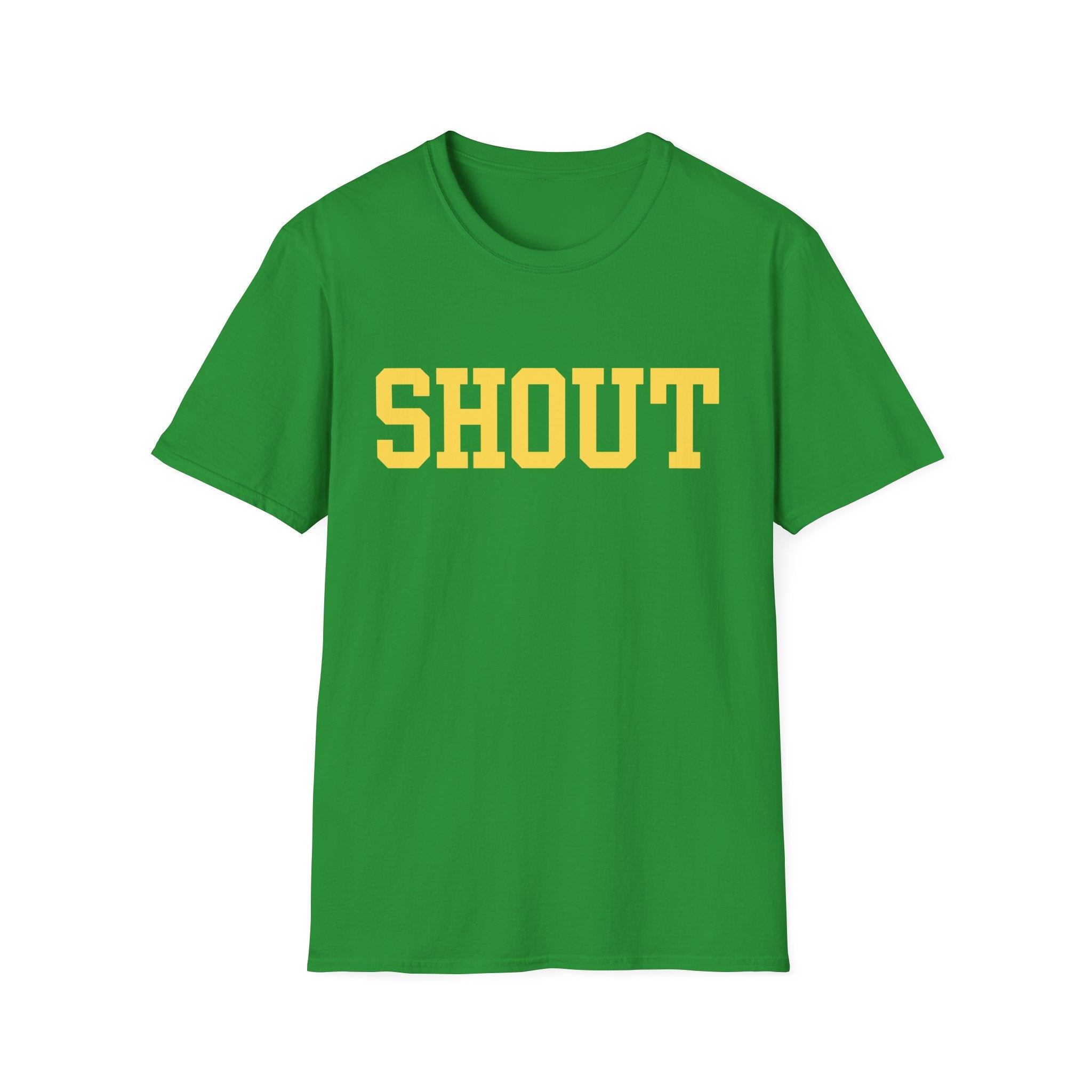 SHOUT Graphic T-Shirt — Bold Yellow Collegiate Logo Tee