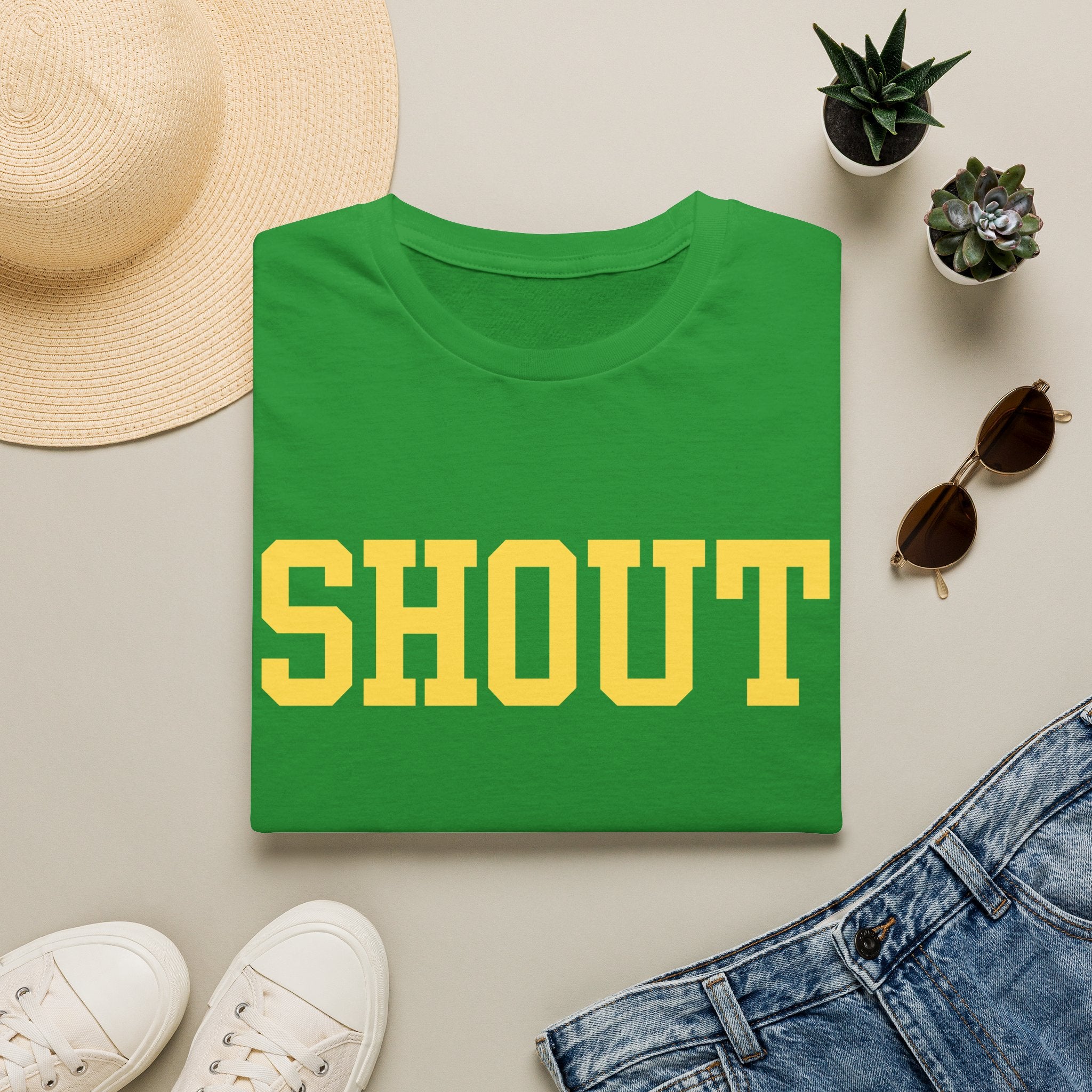 SHOUT Graphic T-Shirt — Bold Yellow Collegiate Logo Tee