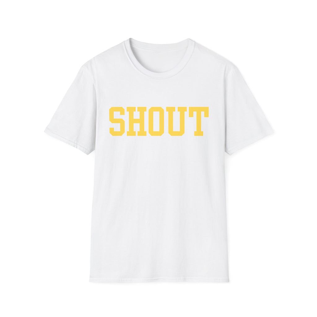 SHOUT Graphic T-Shirt — Bold Yellow Collegiate Logo Tee
