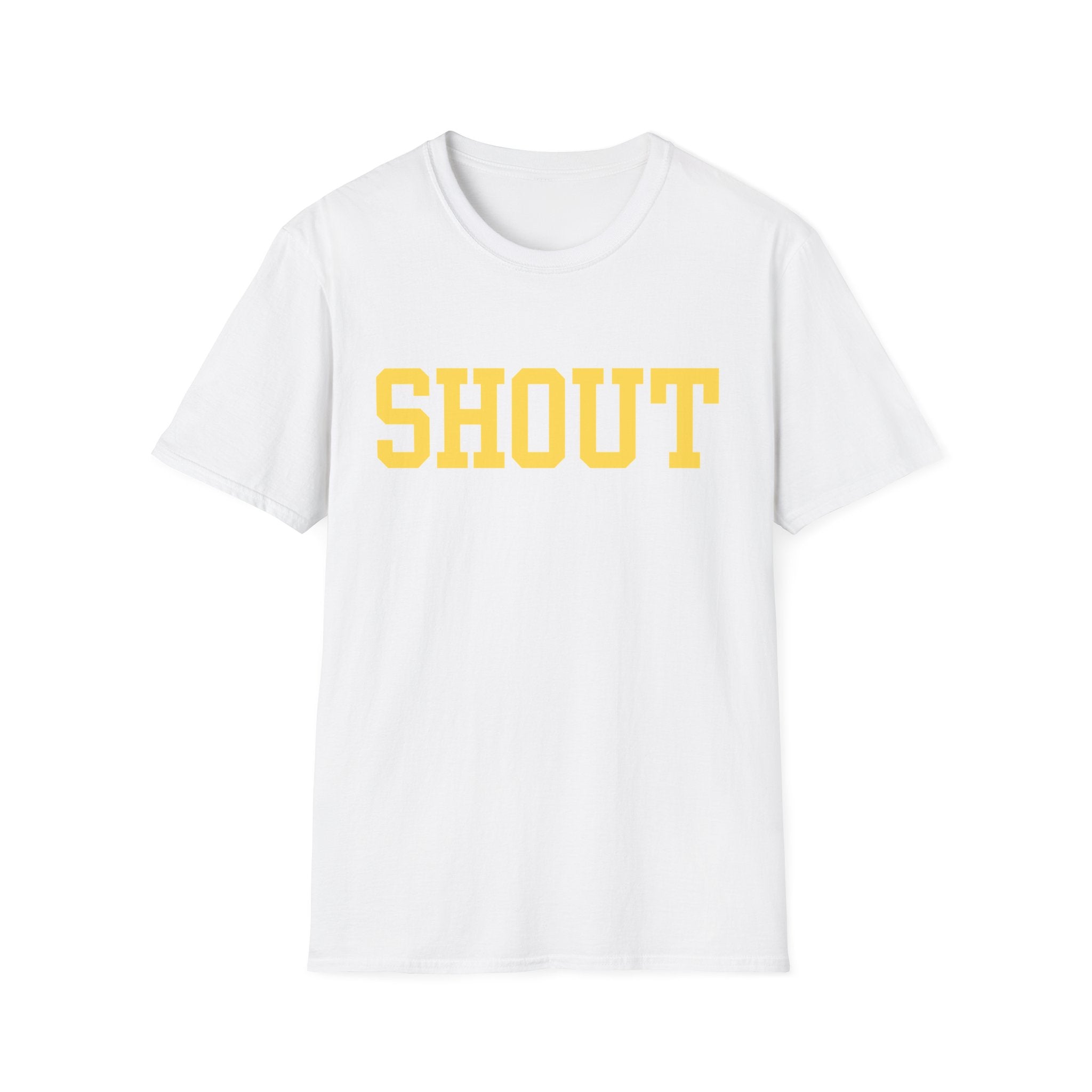 SHOUT Graphic T-Shirt — Bold Yellow Collegiate Logo Tee