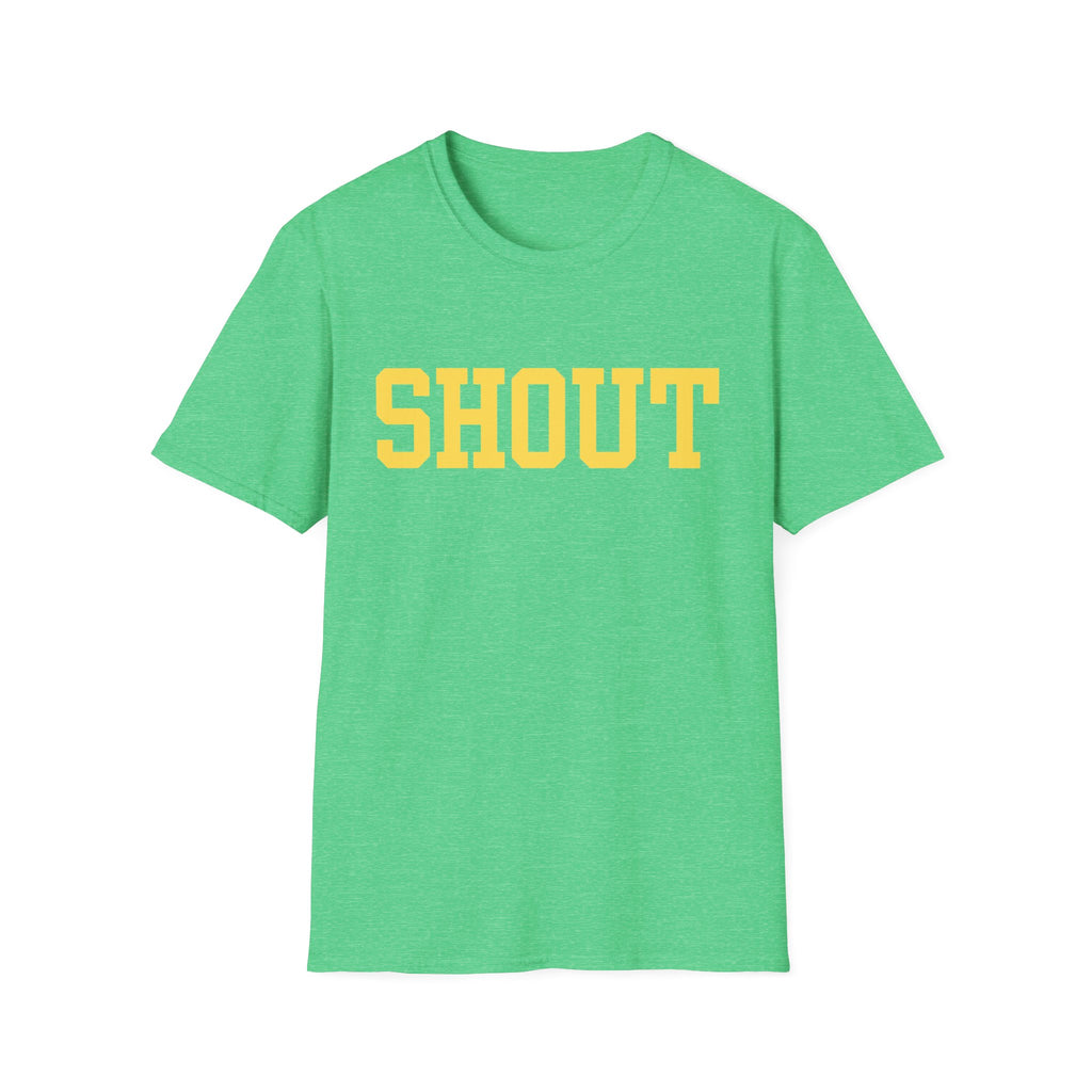 SHOUT Graphic T-Shirt — Bold Yellow Collegiate Logo Tee