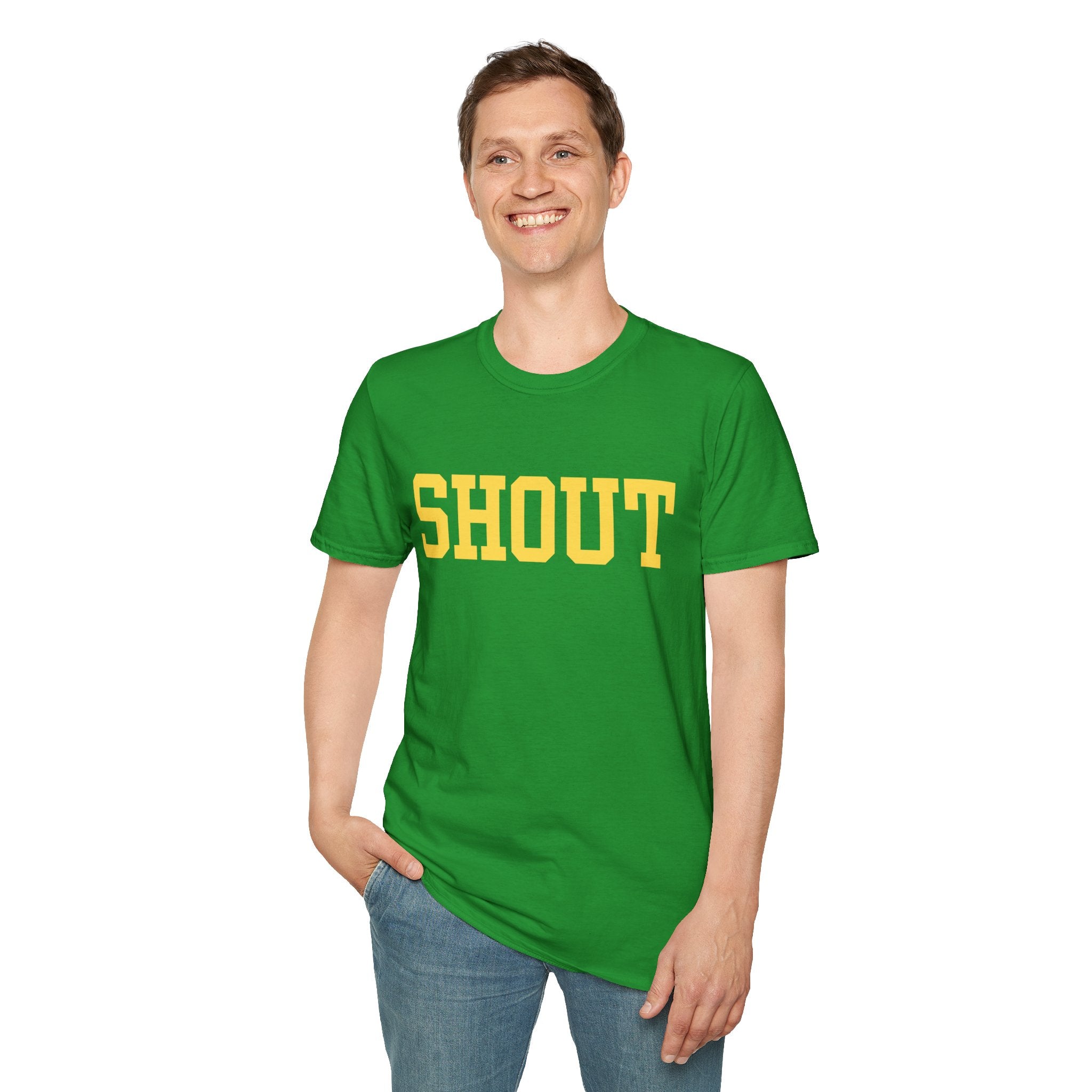 SHOUT Graphic T-Shirt — Bold Yellow Collegiate Logo Tee