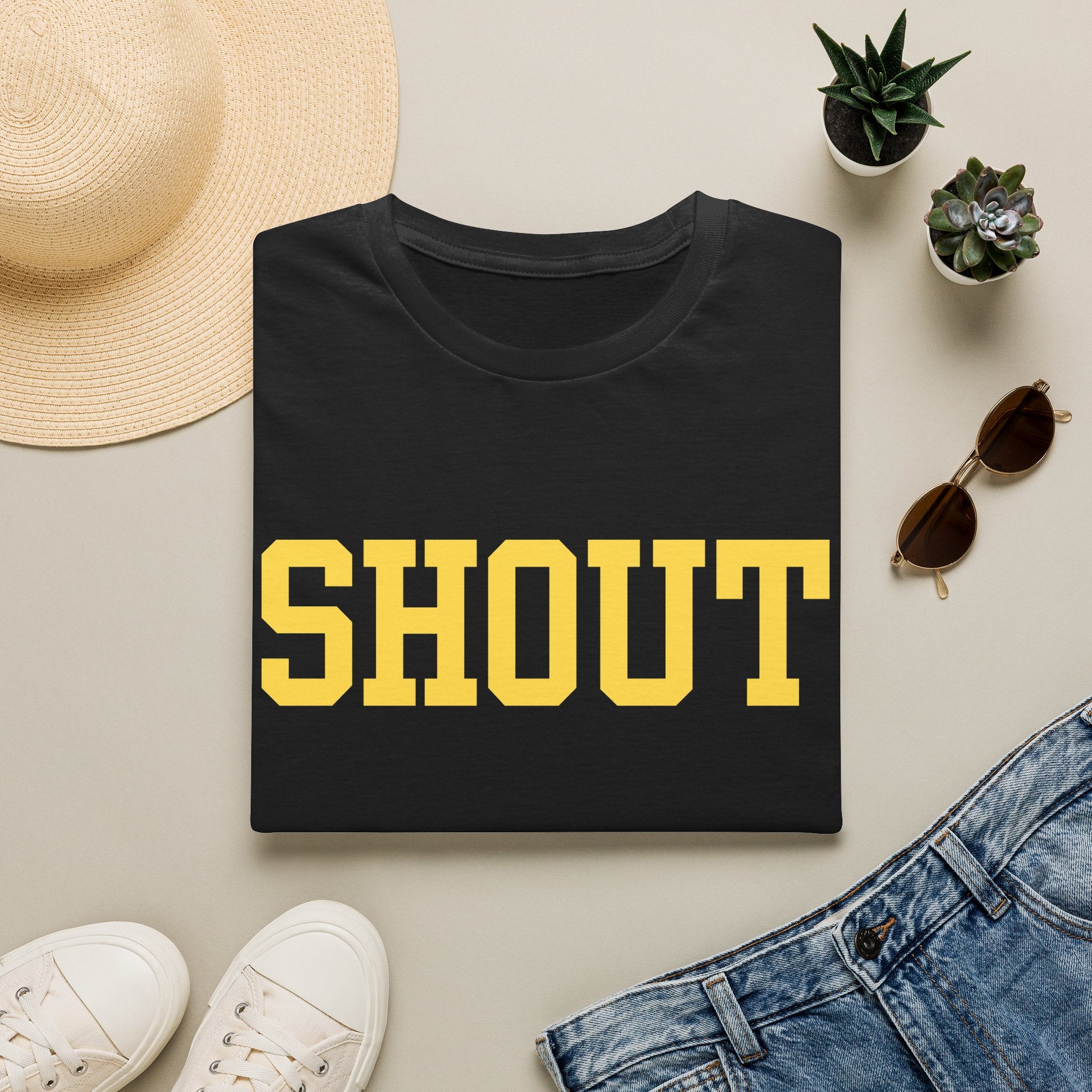 SHOUT Graphic T-Shirt — Bold Yellow Collegiate Logo Tee